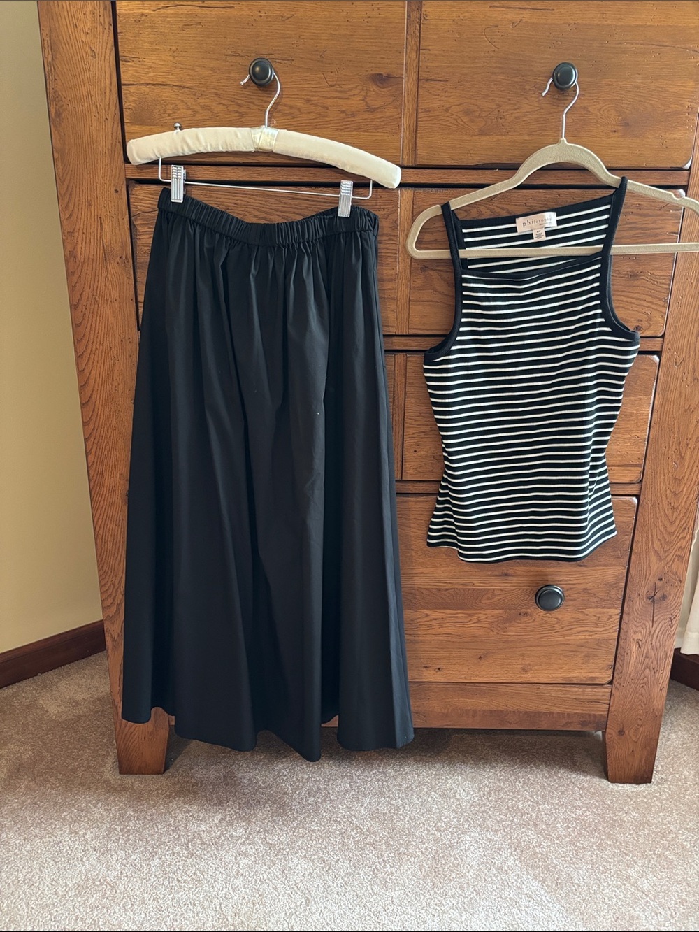 Philosophy Black Maxi Skirt with Elastic Waistband and Black and White tank